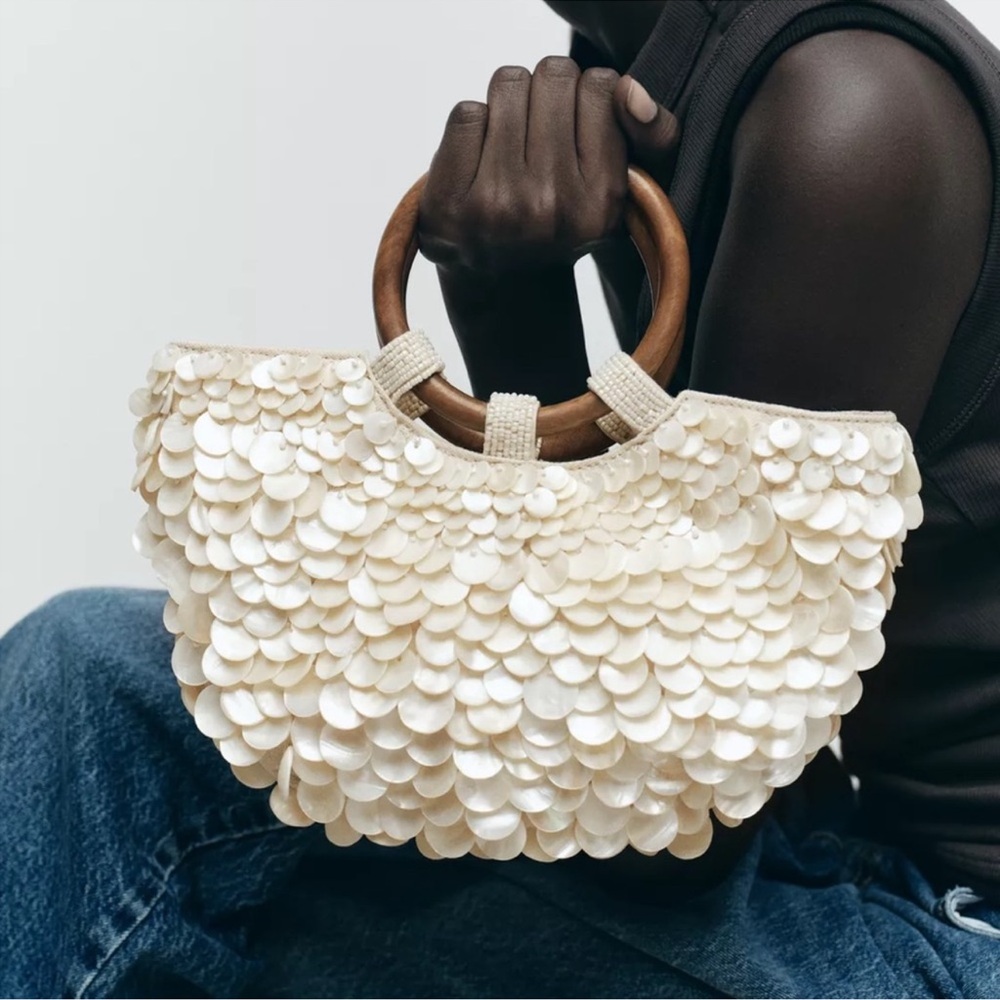 Zara Cream Sequin Tote with Wooden Handles